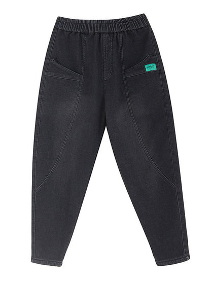 xakxx Casual Loose Velvet Solid Color With Pockets Harem Jean Pants Bottoms
