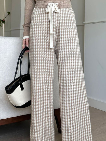 xakxx High Waisted Loose Drawstring Elasticity Plaid Pants Trousers