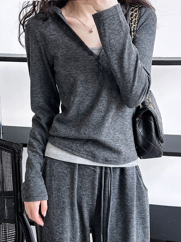 xakxx Long Sleeves Buttoned Hooded  T-Shirts Top + Vest Top + Wide Leg Drawstring Elasticity Pants Bottom Three Pieces Set