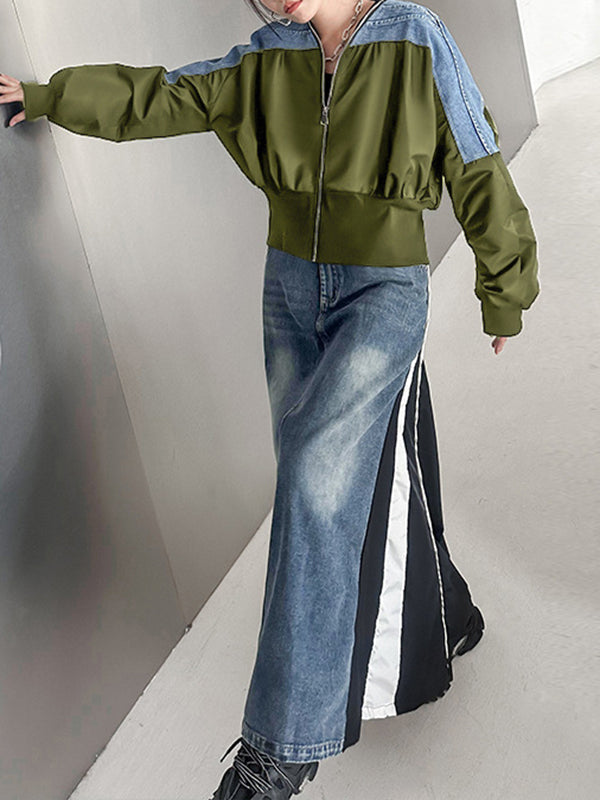 xakxx Long Sleeves Loose Pleated Split-Joint Zipper V-neck Jackets Outerwear