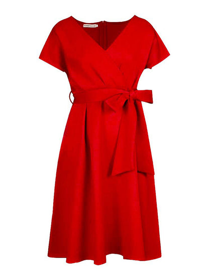 xakxx Bowknot Lace-Up Solid Color V-Neck Midi Dresses