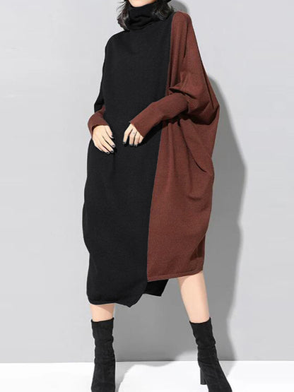 xakxx Casual Loose Split-Joint Contrast Color High-Neck Long Sleeves Dress