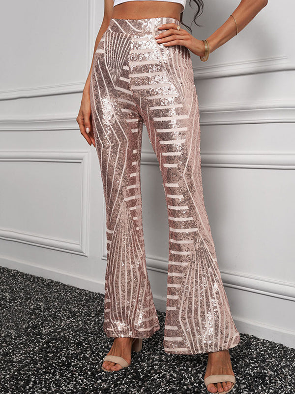 xakxx Flared Pants High Waisted Contrast Color Striped Sequined Pants