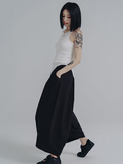 xakxx Simple Loose Elasticity Waist Wide Leg Solid Color Pants