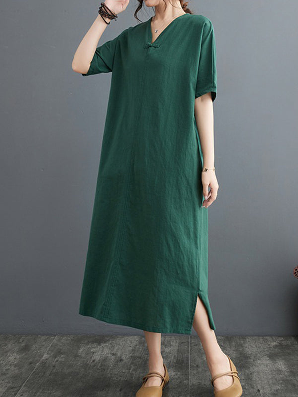 xakxx A-Line Loose Chinese Frog Buttons Pockets Solid Color Split-Side V-Neck Midi Dresses