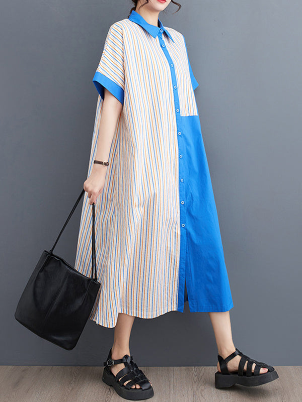 xakxx Loose Short Sleeves Asymmetric Split-Joint Striped Lapel Midi Dresses Shirt Dress