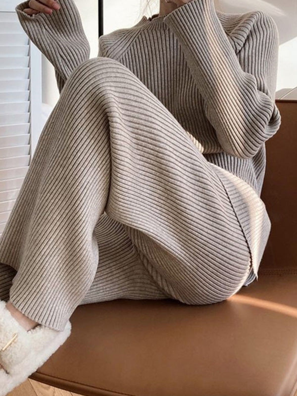 xakxx Urban Loose Solid Round-Neck Split-Side Sweater& Wide Leg Pants Suits