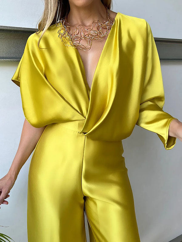 xakxx Asymmetric Solid Color Deep V-Neck Jumpsuits