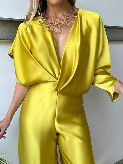 xakxx Asymmetric Solid Color Deep V-Neck Jumpsuits
