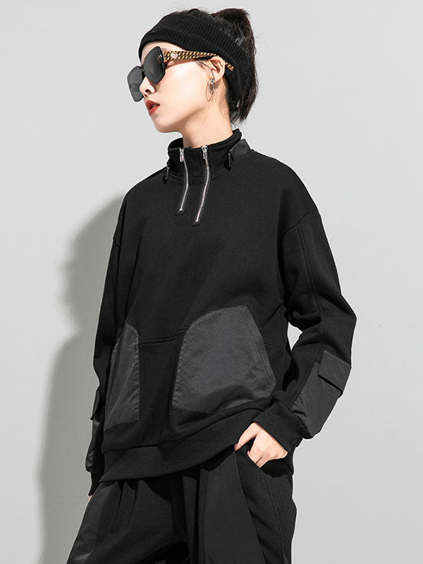 xakxx Casual Long Sleeves Loose Solid Color Zipper High-Neck Sweatshirt Tops
