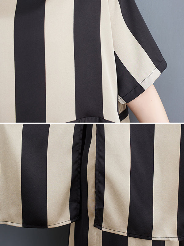 xakxx Irregular Clipping Loose Striped Round-Neck T-Shirt + Wide Leg Pants Two Pieces Set