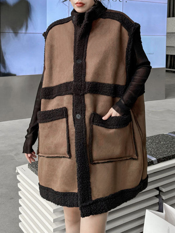xakxx Loose Sleeveless Buttoned Contrast Color Pockets Reversible Velvet Stand Collar Vest Outerwear