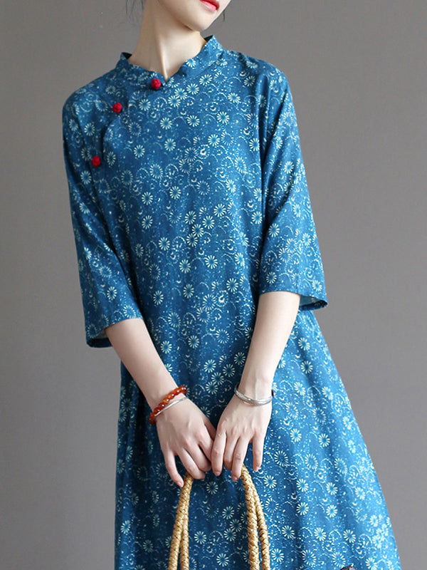 xakxx Original Solid Floral Stand Collar Midi Dress