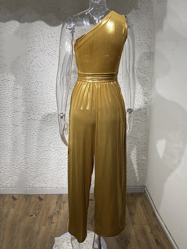 xakxx High Waisted Wide Leg Solid Color One-Shoulder Jumpsuits