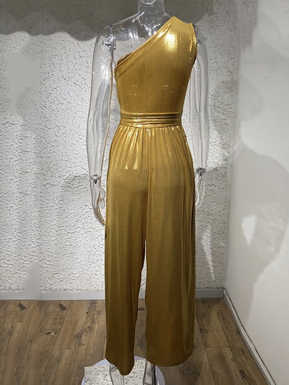 xakxx High Waisted Wide Leg Solid Color One-Shoulder Jumpsuits