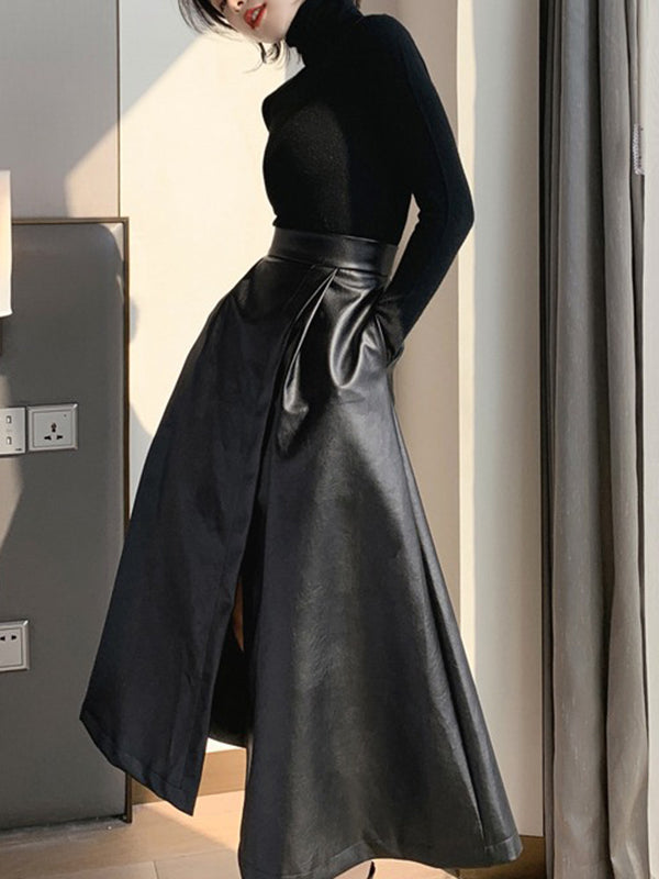 xakxx A-Line Loose Solid Color Split-Front Skirts Bottoms