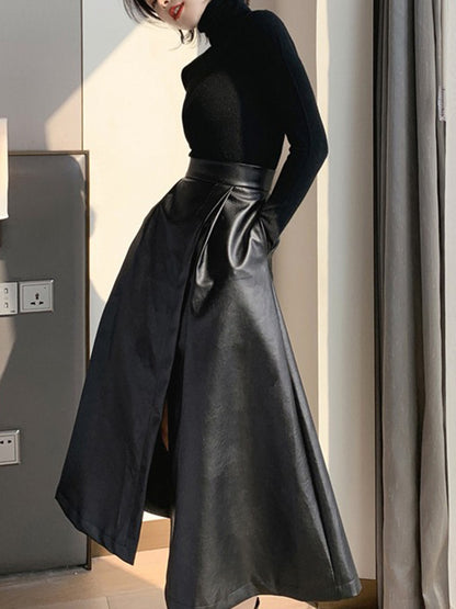 xakxx A-Line Loose Solid Color Split-Front Skirts Bottoms