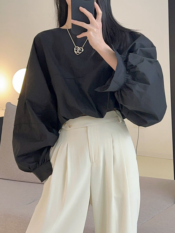 xakxx Batwing Sleeves Loose Elasticity Solid Color Round-Neck Blouses&Shirts Tops
