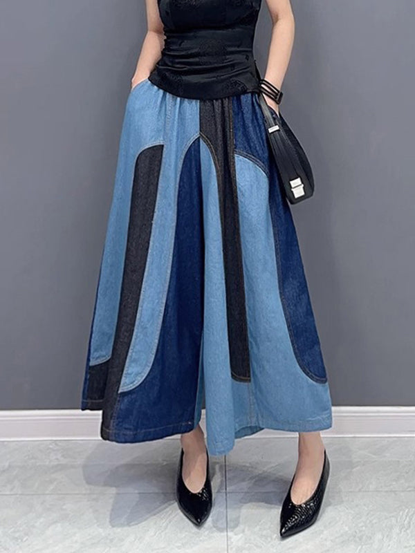 xakxx Loose Wide Leg Contrast Color Elasticity Split-Joint Jean Pants Bottoms