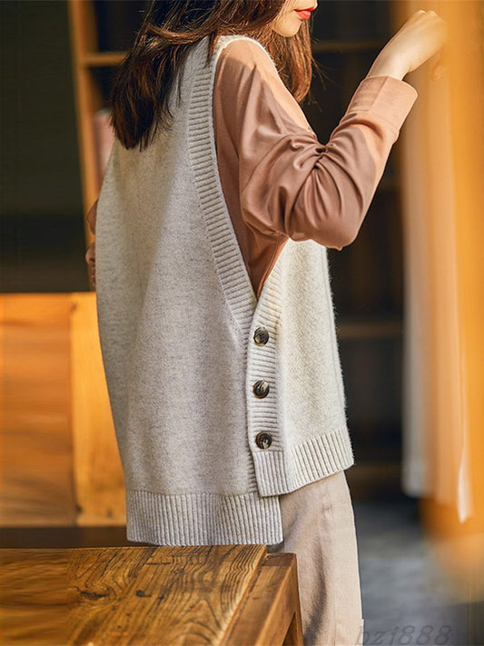 xakxx Casual Sleeveless Loose Solid Color Round-Neck Knitting Vest Outerwear