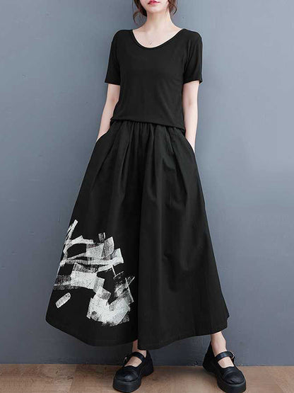 xakxx Loose Wide Leg Abstract Printed Elasticity Casual Pants Bottoms
