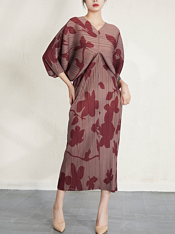 xakxx Batwing Sleeves Loose Pleated Printed V-Neck Midi Dresses