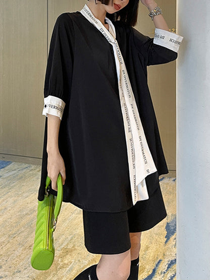 xakxx Loose Short Sleeves Contrast Color Lace-Up Letter Print Split-Joint Stand Collar Blouses