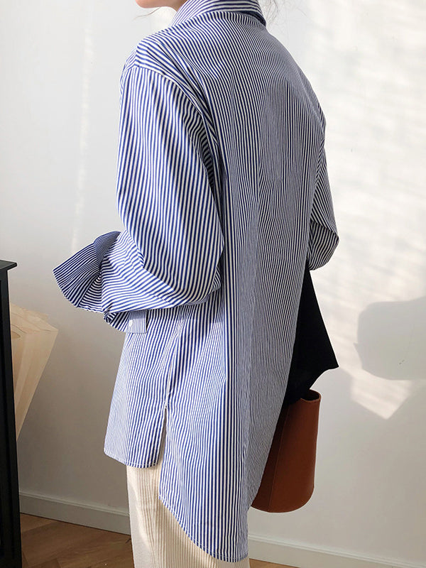 xakxx Urban Loose Striped Lapel Collar Blouses&Shirts Tops