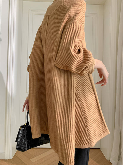 xakxx Stylish A-Line Long Sleeves Loose Solid Color V-Neck Cardigan Tops