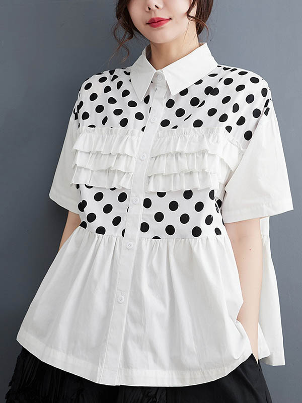 xakxx Loose Short Sleeves Contrast Color Pleated Polka-Dot Split-Joint Lapel Blouses