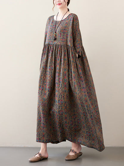 xakxx Vacation Loose Half Sleeves Floral Printed Pleated Round-Neck Midi Dresses