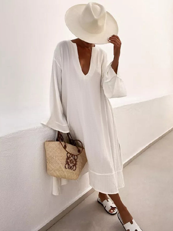 xakxx Vacation Flared Sleeves Solid Color Deep V-Neck Midi Dresses