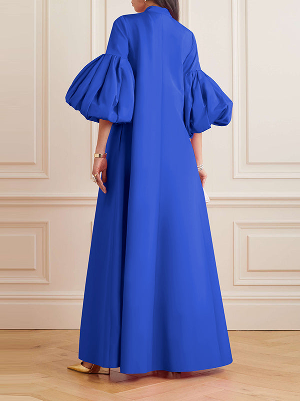 xakxx Loose Flower Shape Solid Color Stand Collar Lantern Sleeves Maxi Dresses