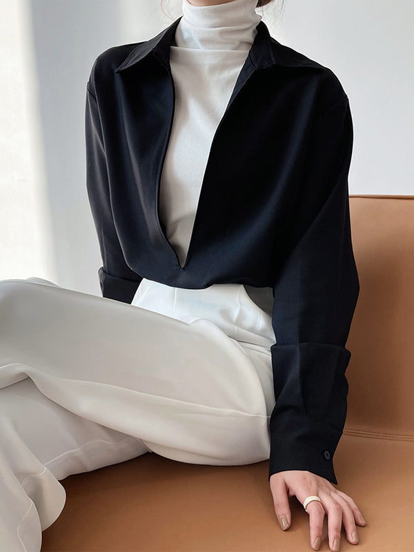 xakxx Long Sleeves Loose Solid Color Lapel Blouses
