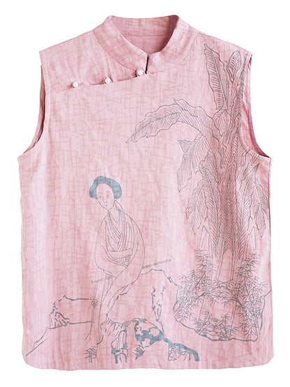 xakxx Artistic Retro Chinese-Style Printed Buttoned Stand Collar Sleeveless Vest