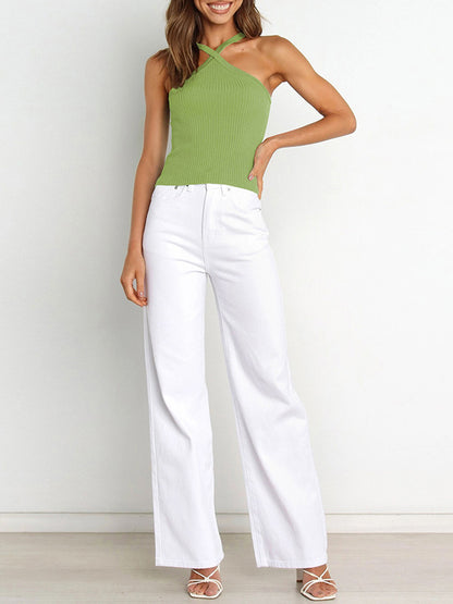 xakxx Skinny Sleeveless Solid Color Halter-Neck Vest Top