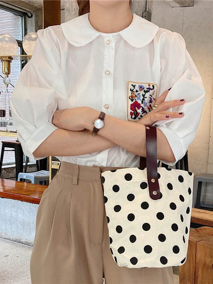 xakxx Vintage Canvas Polka-Dot Printed Makeup Tote Bag Bucket Bag