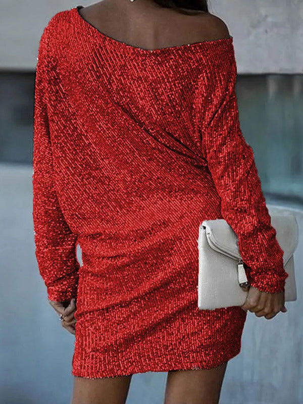 xakxx A-Line Loose Asymmetric Sequined Solid Color One-Shoulder Mini Dresses