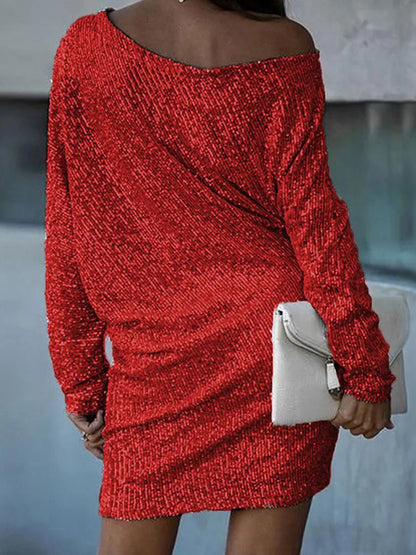 xakxx A-Line Loose Asymmetric Sequined Solid Color One-Shoulder Mini Dresses