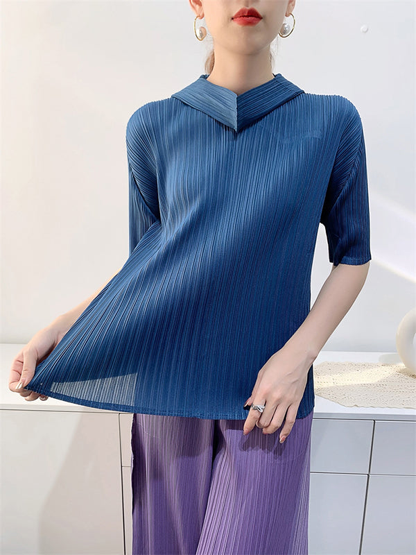 xakxx Half Sleeves Hooded Pleated Solid Color Mock Neck T-Shirts Tops