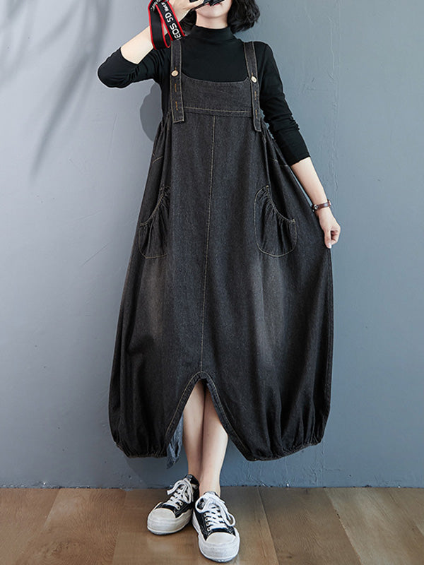 xakxx Simple Denim Buttoned Overalls&Dress