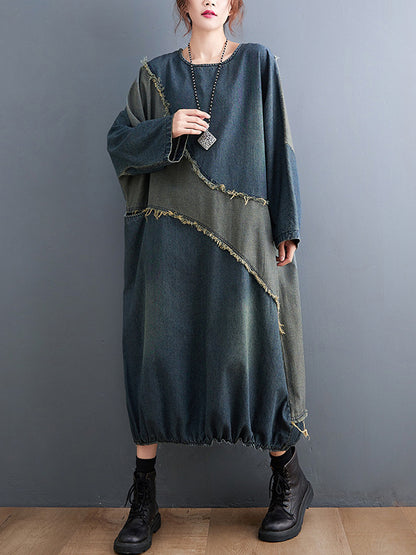 xakxx Original Loose Denim Contrast Color Round-Neck Long Sleeves Midi Dress