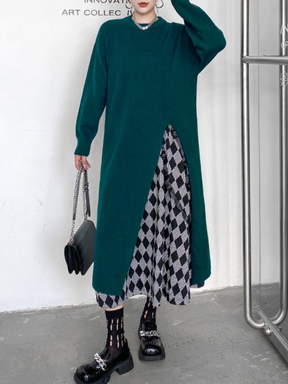 xakxx Long Sleeves Loose Solid Color Split-side Round-neck Sweater Tops