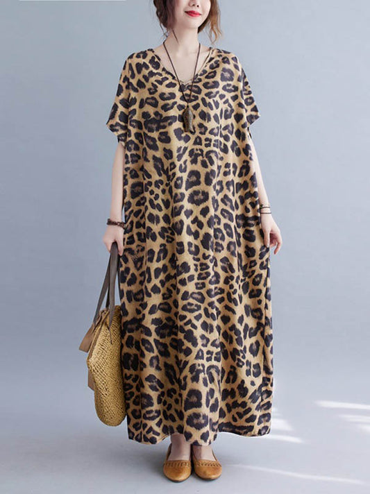xakxx Loose Leopard V-Neck Batwing Sleeves Maxi Dress