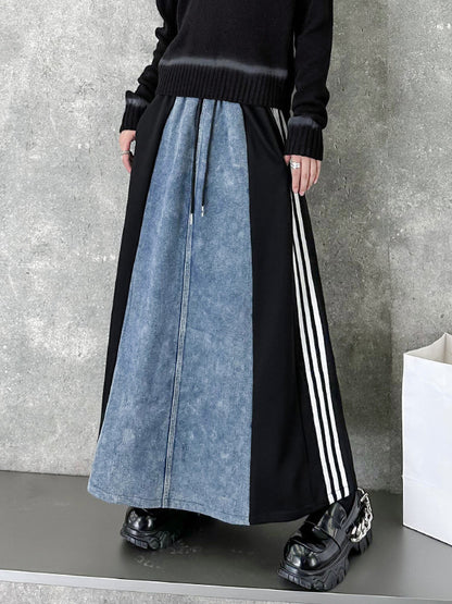 xakxx A-Line Loose Contrast Color Drawstring Split-Joint Striped Skirts Bottoms