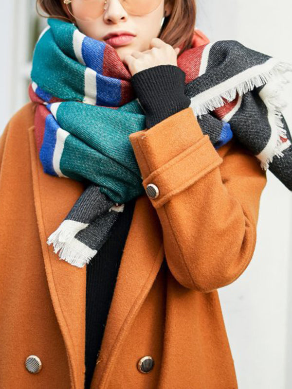 xakxx Contrast Color Fringed Keep Warm Multi-Colored Striped Shawl&Scarf