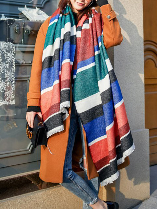xakxx Contrast Color Fringed Keep Warm Multi-Colored Striped Shawl&Scarf