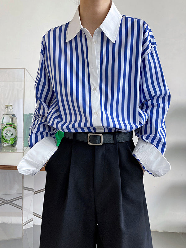 xakxx Simple Long Sleeves Contrast Color Striped Lapel Blouse Top