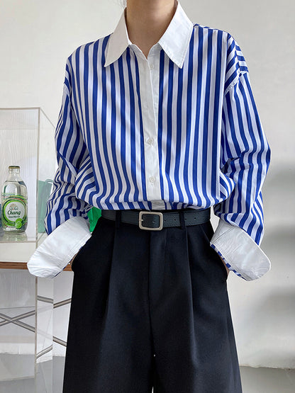 xakxx Simple Long Sleeves Contrast Color Striped Lapel Blouse Top