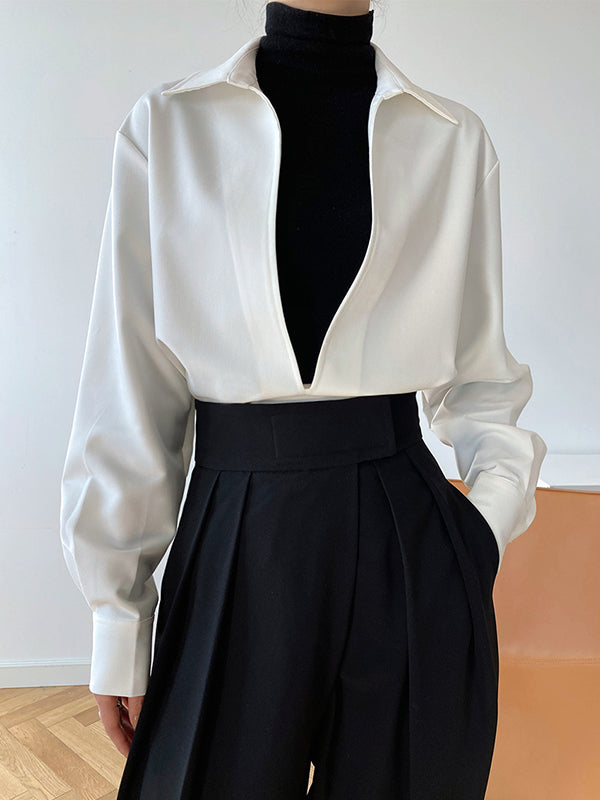 xakxx Long Sleeves Loose Solid Color Lapel Blouses